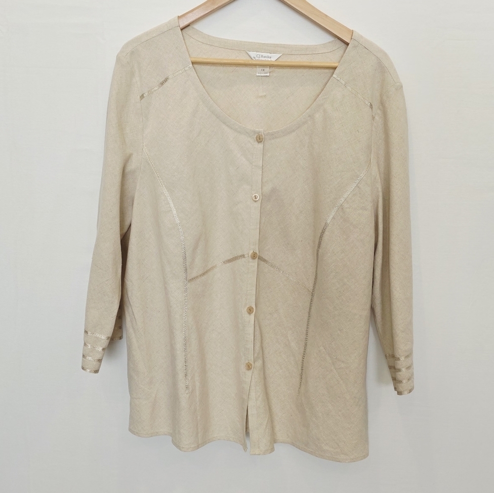 C.J. Banks Cotton Linen Blend Canvas Metallic Beach Breathable Women Top Size 1X
